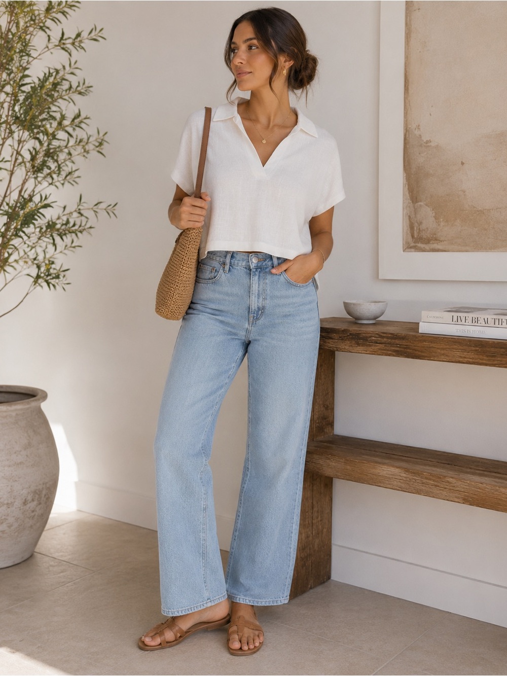 Women's White V-Neck Collared Short-Sleeve Top